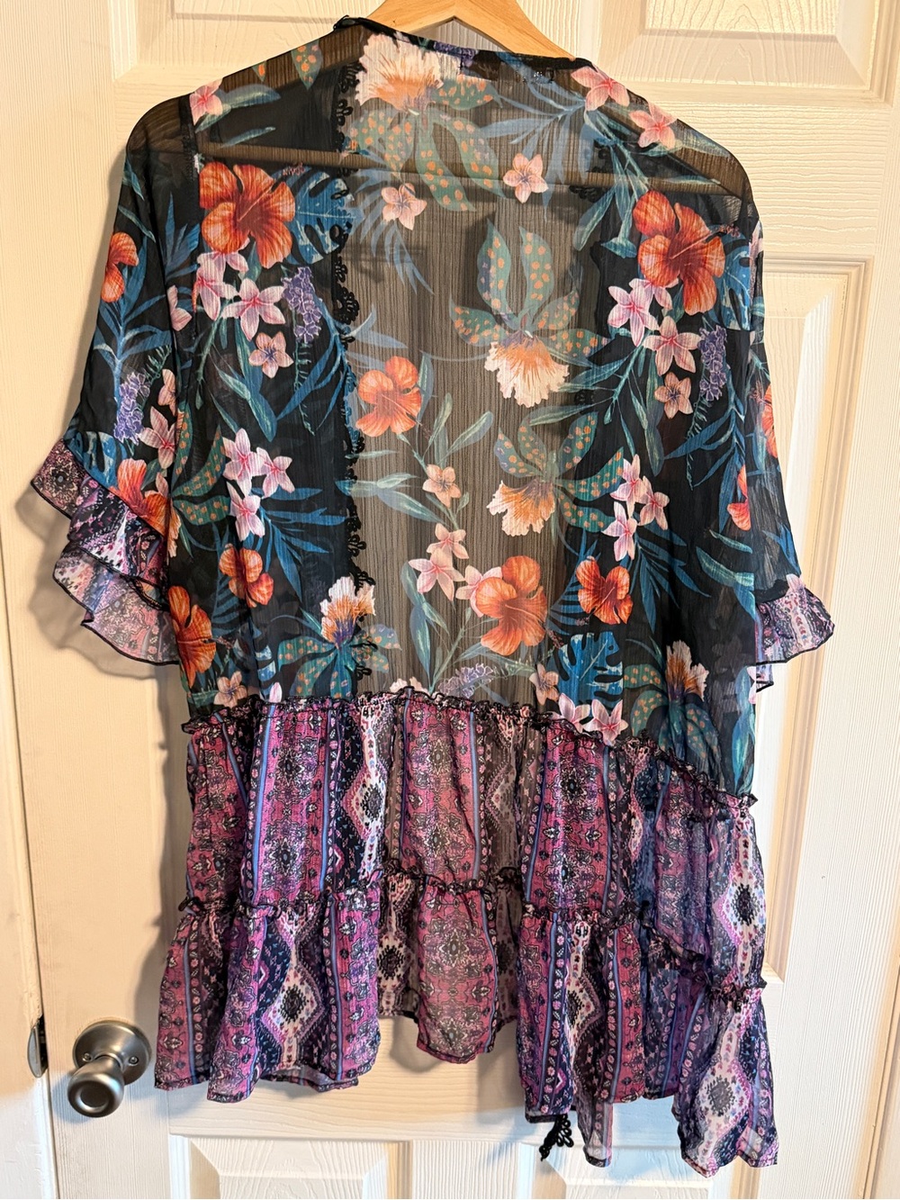 Floral Lace Accent Dress Top - Blue Multi color tunic cardigan 2X - Picture 2 of 9
